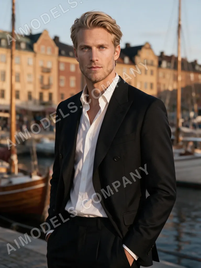 Axel on the Stockholm waterfront at golden hour, one of the scenes included in his set