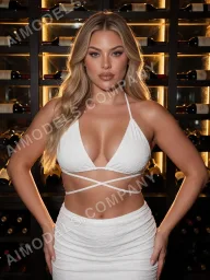 Eliska in front of a lit wine wall, one of the scenes included in her set