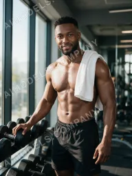 Femi in a private gym by the window, one of the scenes included in his set