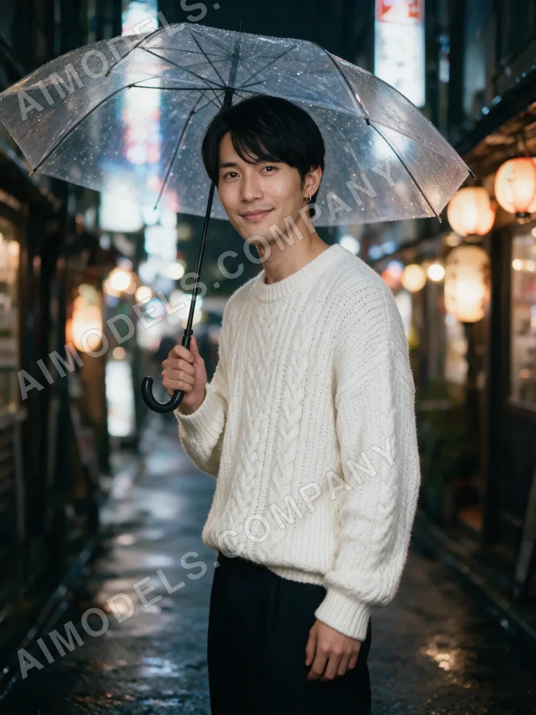 Haru on a rainy Tokyo street at night, one of the scenes included in his set