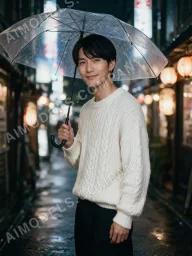 Haru on a rainy Tokyo street at night, one of the scenes included in his set