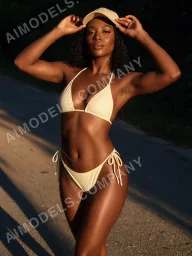 Vera in a cream bikini and cap on a shaded road with both hands raised to the brim, one of the scenes included in her set